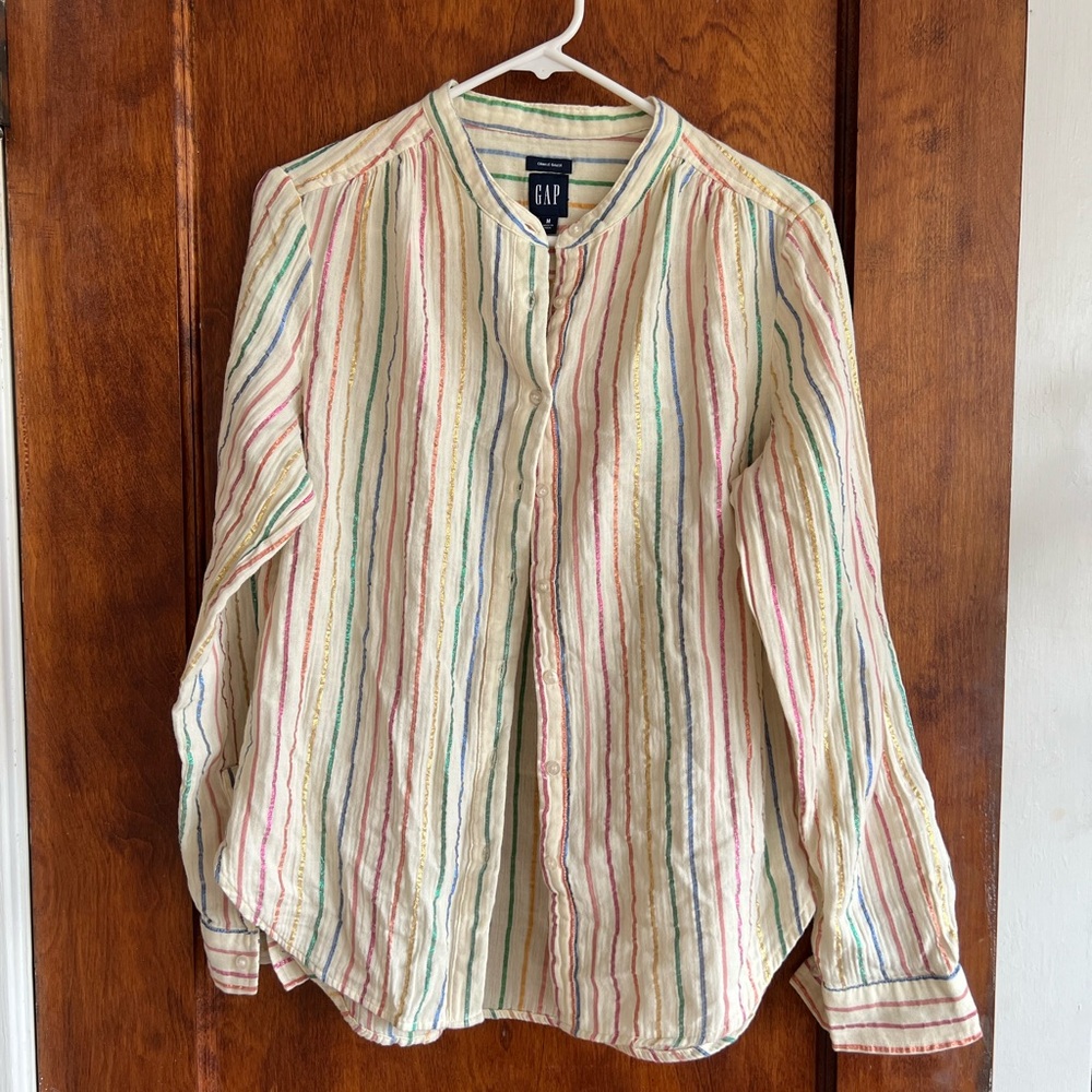 Gap crinkle gauze rainbow metallic button down